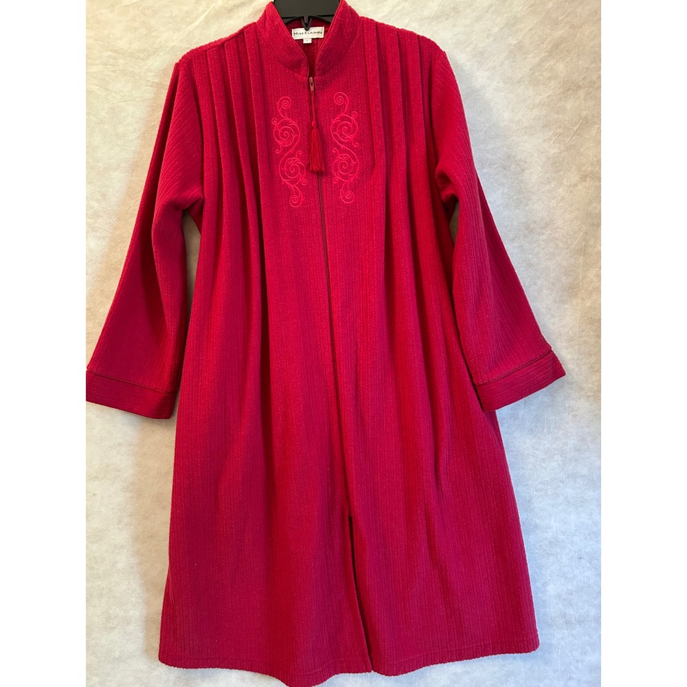 Miss Elaine Red Zip Front Robe Embroidered Tassel Mock Neck Long Sleeve Small